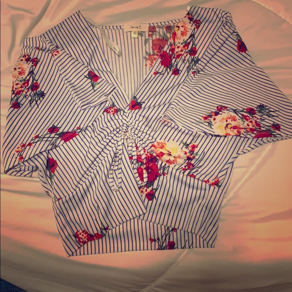 Blue and White striped floral designed crop top